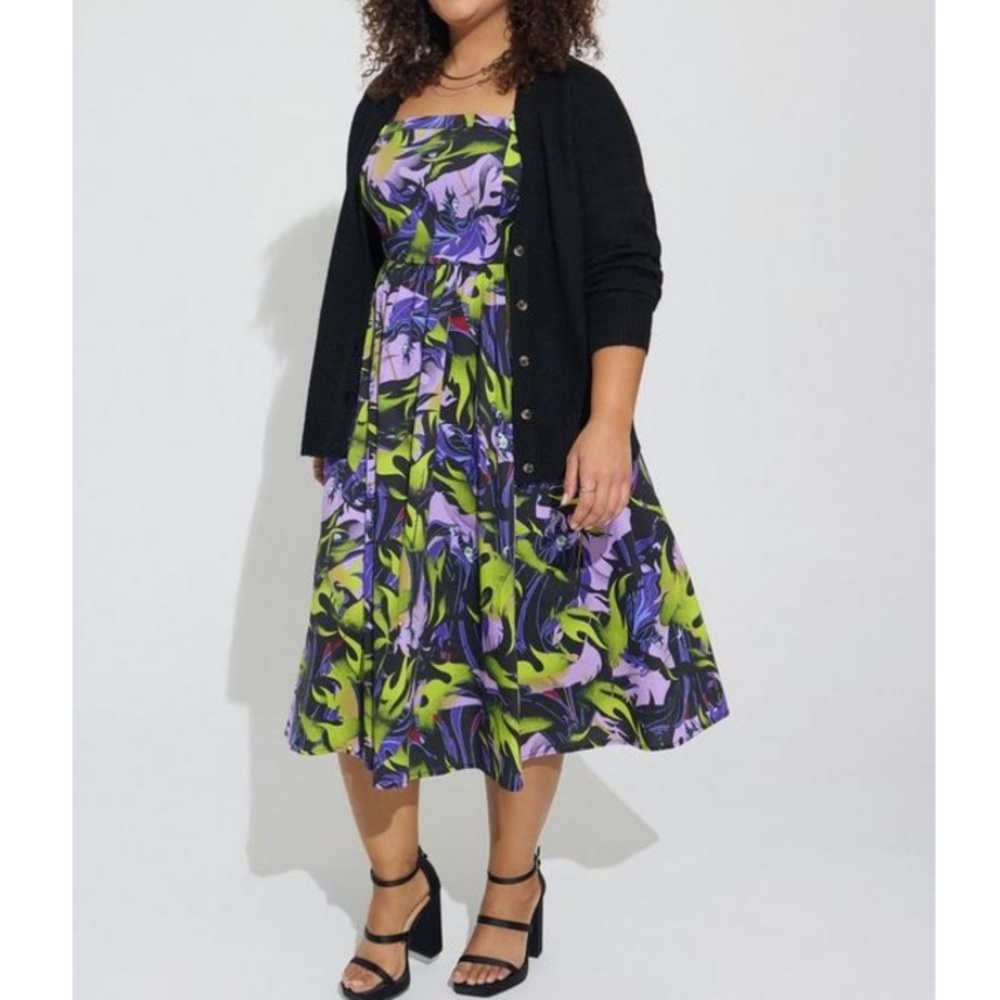 TORRID NWT DISNEY VILLAINS MALEFICENT MIDI STRETCH POPLIN DRESS HALLOWEEN - Picture 4 of 5